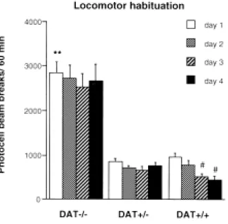 Figure  1.  Locomotor  response  of  DAT-/-,  DAT+/-  and  DAT+/+  mice  tested  during  60  min  in the  same  environment  for  four  consecutive  days