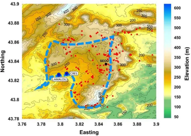 Figure 4.5 : Topographie du système karstique du Lamalou-Crès (Causse de l’Hortus). Les  points rouges représentent les cavités karstiques connues