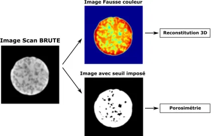 Figure 2.12 : Exemple d’image scanner obtenue sur le basalte de Reykjanes (gauche) et des images issues de traitement num´ erique (droite).
