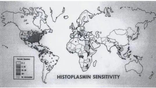 Figure 2  :  Carte mondiale de la répartition des tests cutanés positifs à l’histoplasmine selon P.Q