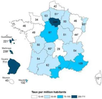 Figure 10 : Nombre de découvertes de séropositivité VIH par millions d’habitants, année 2014, France  (53) 