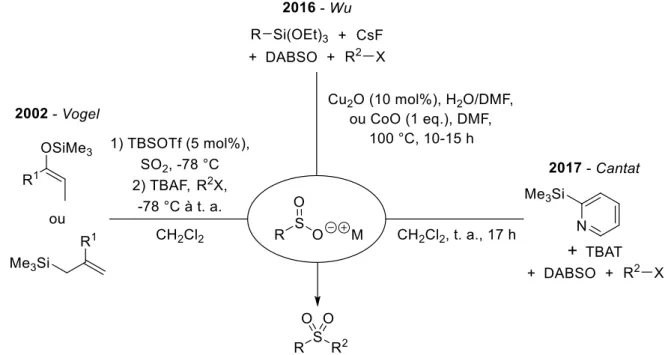 Figure I-39 : Résumé des différentes réactions permettant de former des sulfones à partir d'organosilanes 