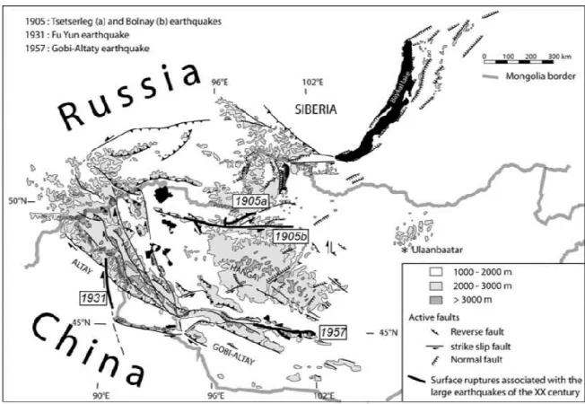 Figure  1.5.  Main  active  faults  in  Mongolia  and  large  earthquakes  of  the  XX th   century  (after  Schlupp and Cisternas, 2007)