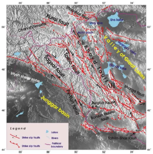 Figure  1.8.  Main  active  structures  of  Mongolian  Altai  interpreted  using  SPOT  and  Landsat  satellite  images  overlapped  on  GTOPO30  topography  (Ch  =  Chihtei  and  AH  =  Ar  Hotol)  (modified from Munkhuu, 2006)