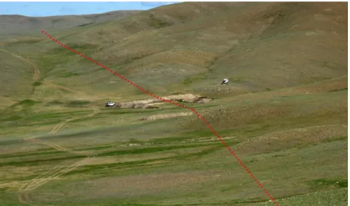Figure 1.30. View to north of the Emeelt fault. Observed surface fault trace is marked by red line