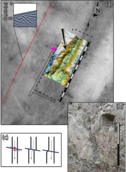 Figure 1.32. Interpretative map of trench area. The interpolated 3-D surface of the channel (after  subtraction of its main slope) is superimposed on the satellite image