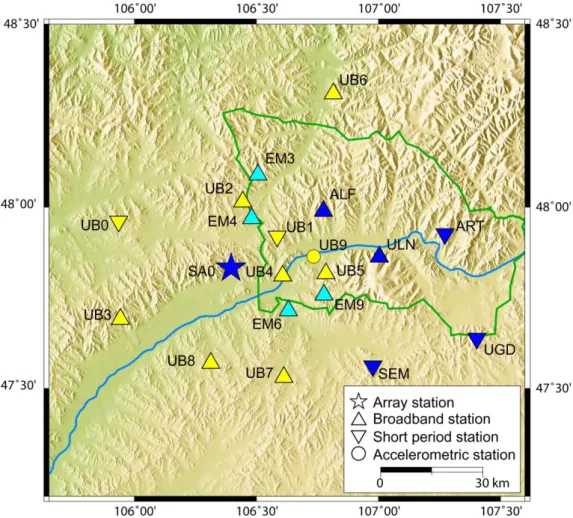 Figure 2.3. Seismic network around Ulaanbaatar area (in January 2013) used in this PhD work