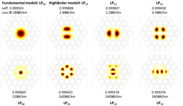 Figure  2.13:  Examples  of  the  first  guided  modes  calculated  in  a  46  m  core  diameter  7-cell  hypocycloid core Kagome lattice HC-PCF