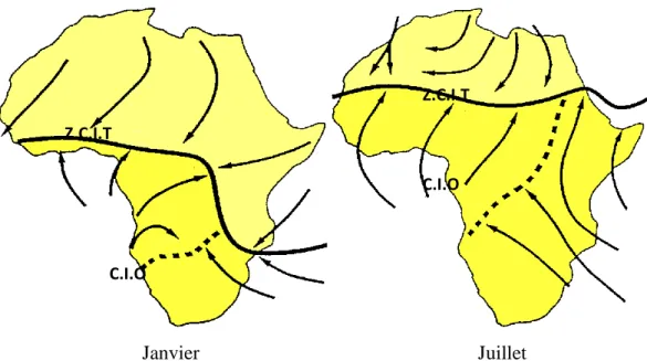 Figure  1.2 :  Position  extrême  de  la  Zone  de  Convergence  Intertropicale  (Z.C.I.T)  et  de  la  Confluence  Intertropicale  Océanique  (C.I.O)  et  les  principaux  flux  des  masses  d’air  à  l’échelle de l’Afrique en Janvier et Juillet (Lacaux e