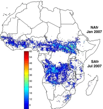 Figure  1.6 :  Pixels  de  feux  au-dessus  (des  fenêtres)  de  l’Afrique  du  Nord  (NAfr)  et  de  l’Afrique du Sud (SAfr) respectivement en janvier et juillet 2007