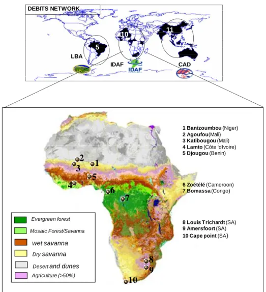 Figure 2.1 :  IDAF, composante africaine du  réseau international DEBITS incluant 26 sites