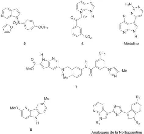 Figure 18. Motifs azaindoliques présents dans des molécules d'intérêt thérapeutiques ou naturelles 