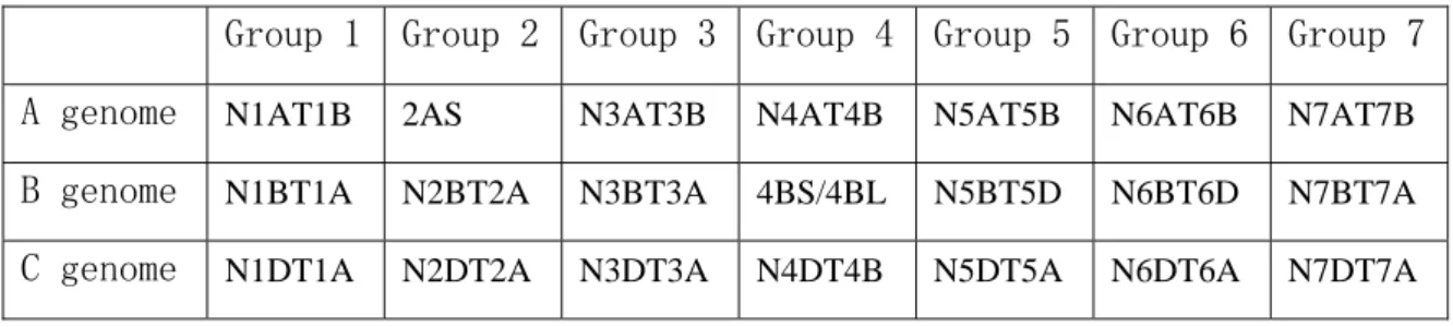 Table 2-1: List of the 19 nulli-tetrasomic (NT) and three ditelosomic (DT) lines used  for chromosomal assignment of the EST-SSRs