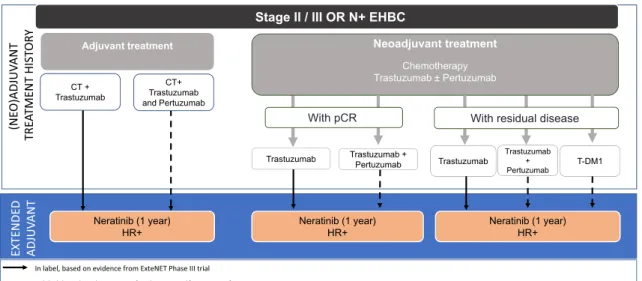 Fig. 5 Extended adjuvant therapy with neratinib in EHBC: possible clinical scenarios [13–16]