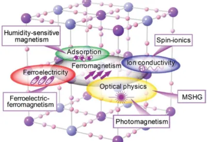 Figure 1-8. Novel magnetic functionalities of Prussian blue analogs illustrating some potential applications