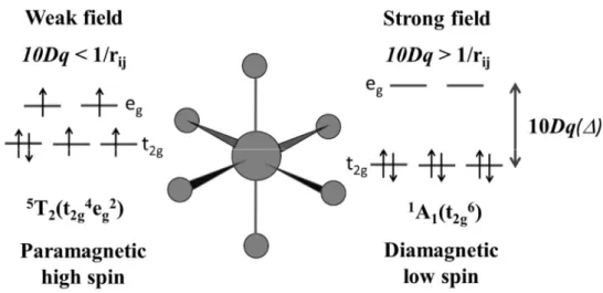 Figure 1-11. The electronic configuration of two possible ground states for Fe(II) in an octahedral compound