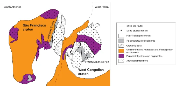 Figure 16: Palaeoreconstruction of West Congolese and São Francisco cratons during the 2.2–2.0 Ga- Ga-old Transamazonian–Eburnean orogens