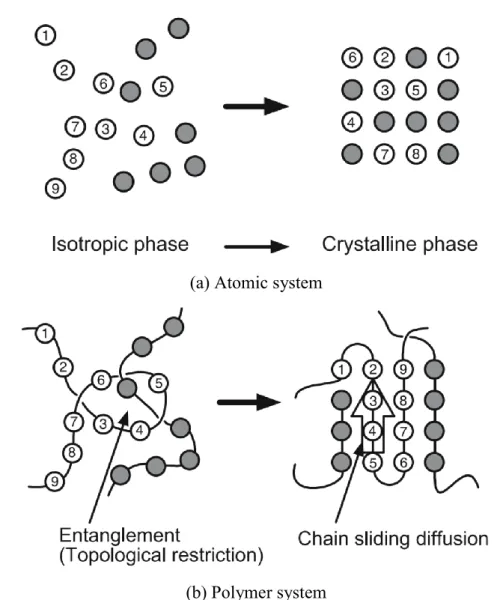 Figure 1-1 Difference in the crystallization process of atomic or low molecular weight system  and polymer system