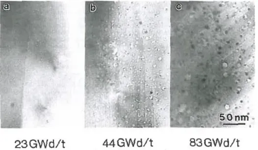 Figure I-17 : Images MET en champ clair d’échantillons d’UO 2  irradiés aux burnup 23, 44 et  83 GWj.tU -1 [Kashibe et al