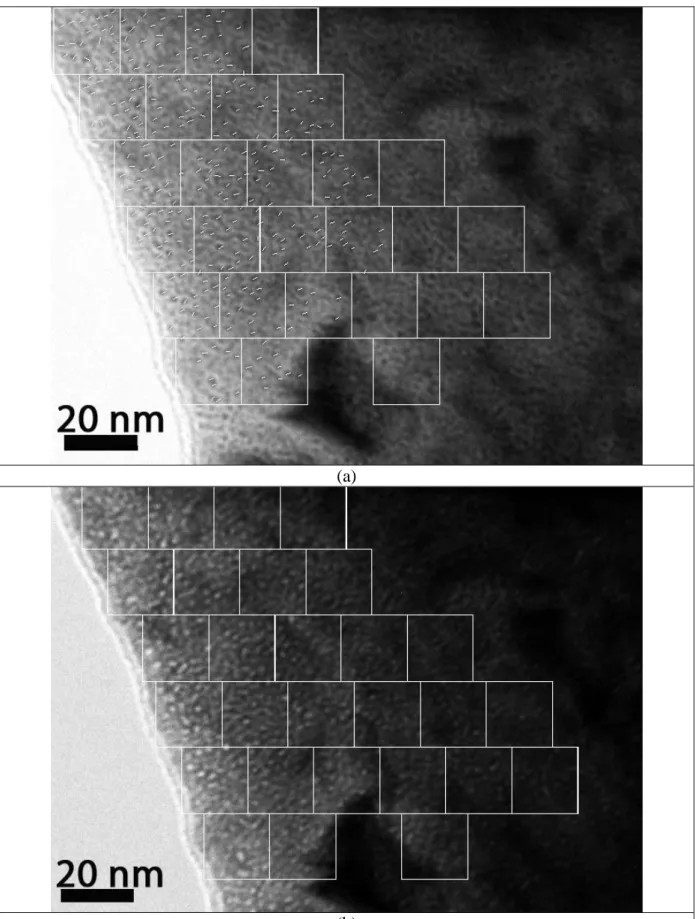 Figure II-15 : Images sur-focalisée (a) illustrant le dépouillement et sous-focalisée (b) d’un  échantillon implanté 1 % at