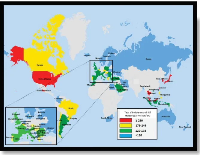Figure  4  –  Variations  géographiques  du  taux  d’incidence  de  l’insuffisance  rénale  terminale  (IRT) traitée (en patients/millions d’habitants/an) par pays en 2015 (d’après (26))