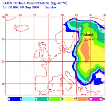 Fig. 5. NAAPS model results showing surface smoke concentra- concentra-tions for the strongest stage of EPI-3 (6 September 2002).