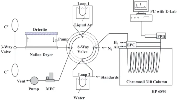 Fig. 3. System for the analysis of sulfur gases in air samples collected in Tedlar bags.