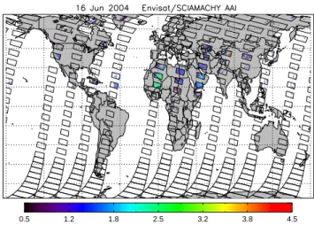 Fig. 3. Global SCIAMACHY SC-AAI on 16 June 2004. The black rectangles are the outlines of the nadir states.