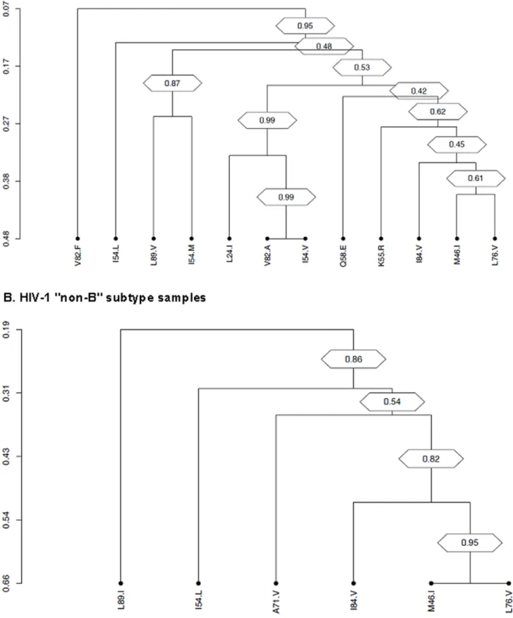 Figure 3. Dendrograms obtained from average linkage hierarchical agglomerative clustering, showing significant clusters of L76V protease inhibitors resistance mutations among B subtype sequences (A), and among ‘‘non-B’’ subtype sequences (B)