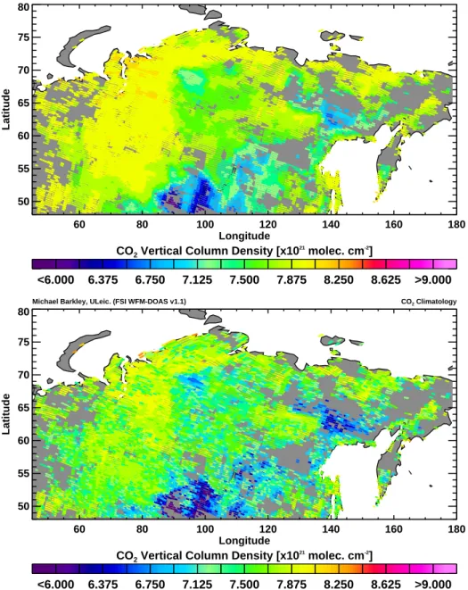 Fig. 10. Top panel: a priori CO 2 columns used in the retrieval for June, 2003, constructed from the CO 2 climatology