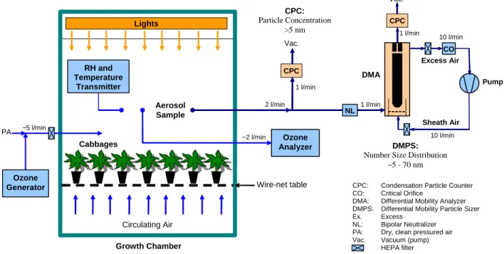 Fig. 1. Experimental setup used in aerosol formation experiments during ozone pulses over treated cabbage plants.
