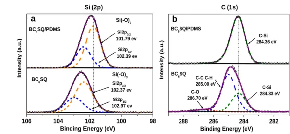 Figure 5. Si (2p) (a) and C (1s) (b) core level XPS spectra of BC 6 SQ and BC 6 SQ/PDMS