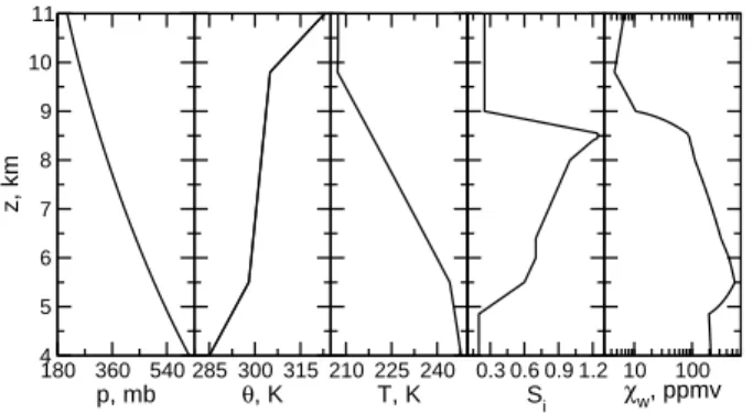 Fig. 1. Prescribed vertical profiles of potential temperature θ, air temperature T , and ice saturation ratio S i , and inferred profiles of air pressure p and H 2 O gas volume mixing ratio χ w used to  initial-ize the 7 h simulation describing the formati
