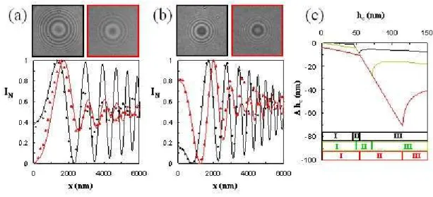 Figure 7: RICM images and normalized RICM intensity profiles for spherical vesicles of radii (a) R = 16 µm and (b) R= 11  µm on a glass substrate