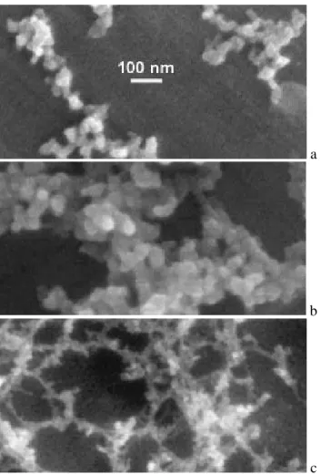 Fig. 2. SEM images showing diesel soot particles (a) in an as- as-prepared sample (stage 4), (b) after heating to 300 ◦ C (stage 3) and (c) to 510 ◦ C (stage 3)