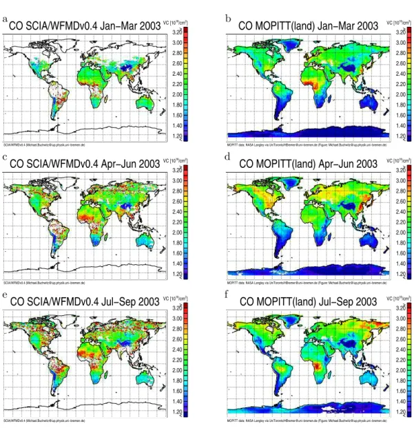 Fig. 2. Tri-monthly averaged CO columns over land from SCIAMACHY/ENVISAT (left) and MOPITT/EOS-Terra (right)
