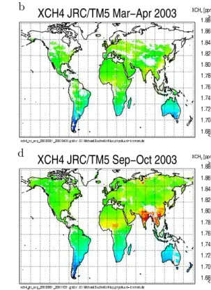Fig. 4. Column averaged mixing ratios of methane (XCH 4 ) as measured by SCIAMACHY over land using WFM-DOAS v0.41 (left) compared to TM5 model data (right)