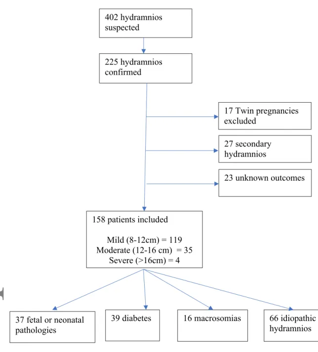Figure 1. Flow Chart 402 hydramnios  suspected 225 hydramnios  confirmed 17 Twin pregnancies  excluded 27 secondary  hydramnios 23 unknown outcomes 158 patients included Mild (8-12cm) = 119 Moderate (12-16 cm)  = 35 Severe (&gt;16cm) = 4 37 fetal or neonat