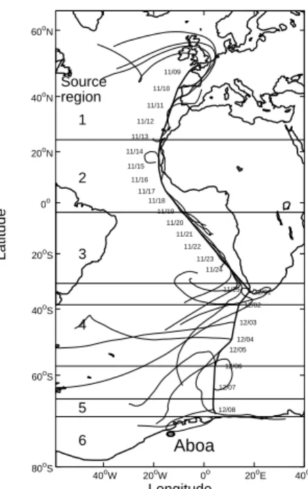 Fig. 1. Ship route, source region limits, and 5-day backtrajectories arriving at 500 m above sea level.