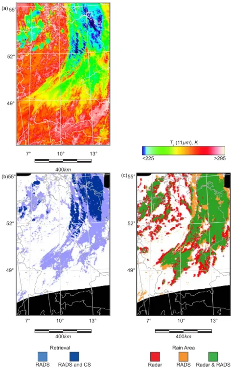 Fig. 2. Comparison between satellite and radar based rainfall areas for the Terra-MODIS scene from 30 August 2004, 10:38 UTC