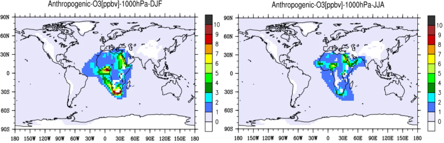 Fig. 8. The influence of African anthropogenic emissions on 5-year DJF and JJA average of surface ozone concentrations