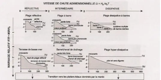 Figure  3 :  Classification  morphologique  des  plages  selon  la  vitesse  de  chute  adimensionnelle et le marnage relatif