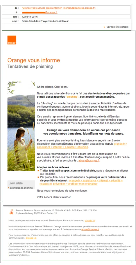 Figure 2.12 – Le FAI Orange diﬀuse un email de sensibilisation aux attaques de phishing, à ses clients