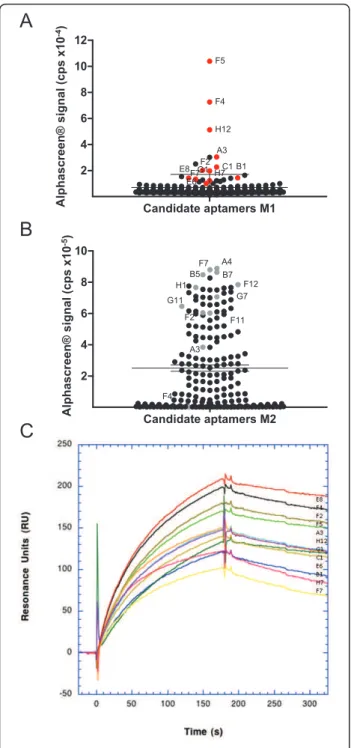 Figure 5 Screening of oligonucleotide pools. (A, B) AlphaScreen ® -based analysis of individual candidates issued from SELEX M1 against a mixed target population a, b and c (A) or from SELEX M2 against the single target × (B)