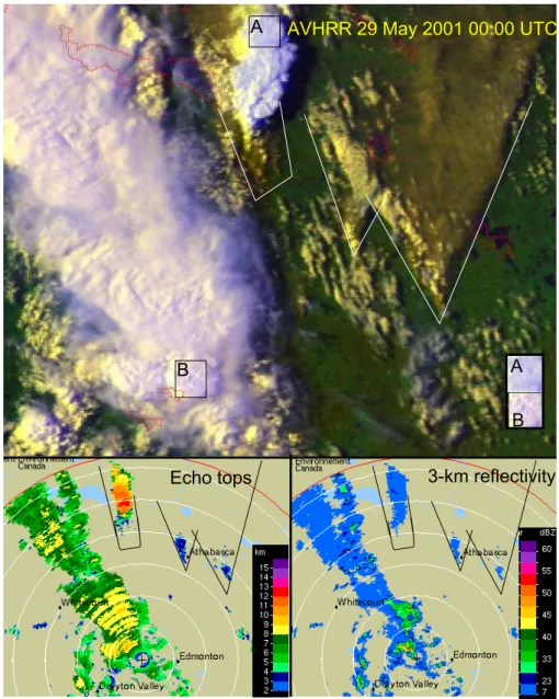 Fig. 9. Satellite and radar images of the smoke, clouds and precipitation of the Chisholm pyro-Cb and adjacent clouds on 29 May 2001, 00:00 UTC
