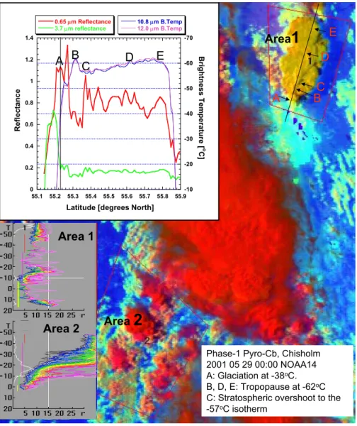 Fig. 7. Analysis of the cloud top microstructure of the phase-1 Chisholm Pyro-Cb and adjacent clouds, based on the NOAA-AVHRR overpass on 29 May 2001, 00:00 UTC