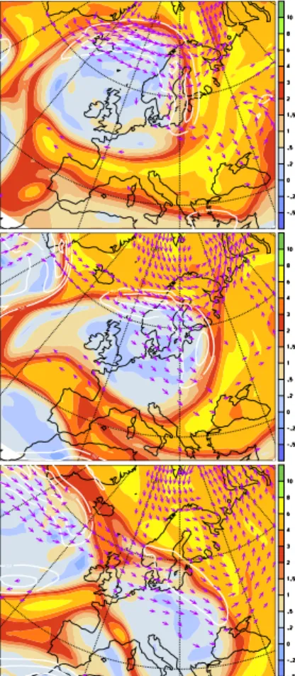Fig. 1. The synoptic situation at 12 UTC, 25 January (top), 26 Jan- Jan-uary (middle) and 27 JanJan-uary (bottom) from ECMWF analysis data.