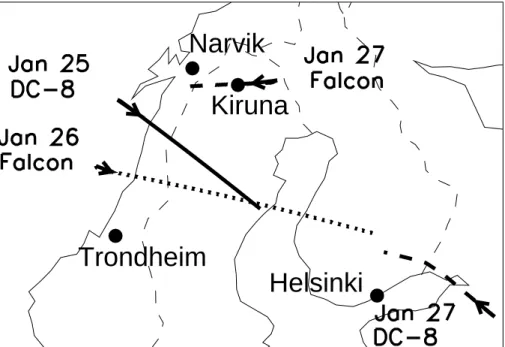 Fig. 4. Flight path segments of lidar data presented in this study, arrows indicate flight direc- direc-tion