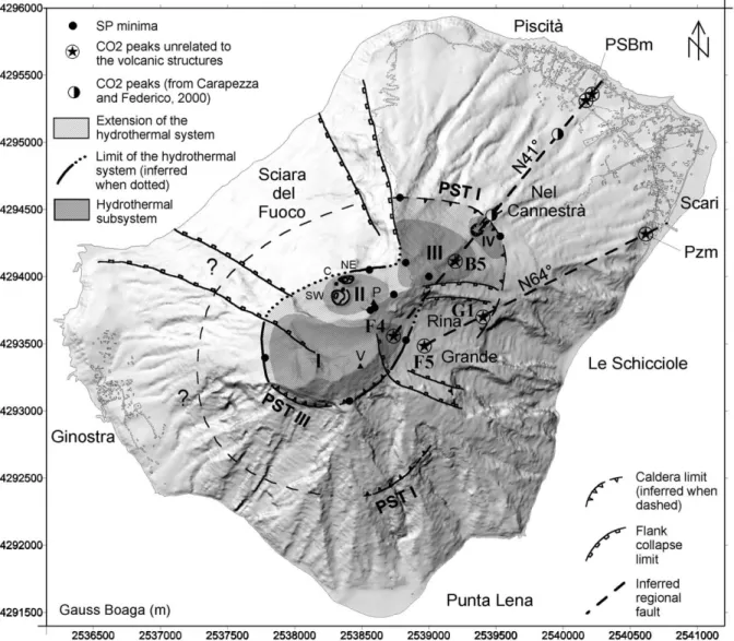 Fig. 8. Map showing the extension of the hydrothermal system of Stromboli and the location of the two inferred regional faults associated with CO 2 anomalies.