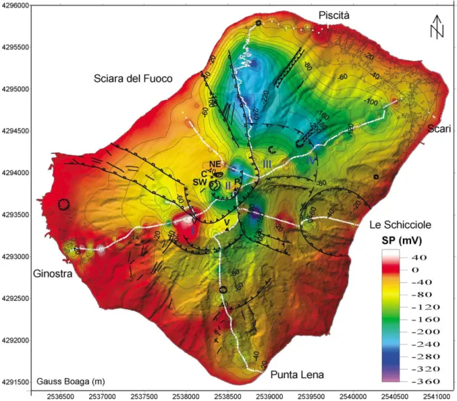 Fig. 2. SP map of Stromboli superimposed on shaded topography and volcano-structural features